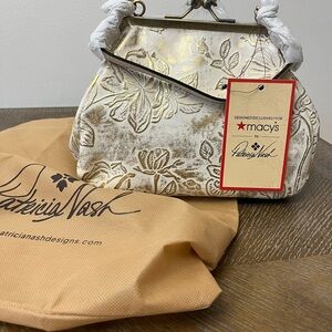 Patricia Nash White and Gold Floral Embossed Frame Clutch